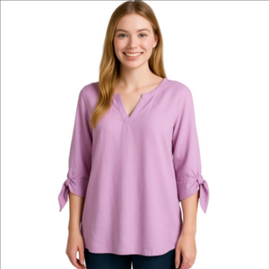 Soft Surroundings Purple Blouse V-neck Bow Detail 3/4 Tie sleeves 100% Tencel S